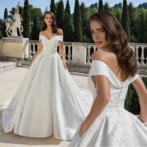 2021 new word shoulder satin long tail wedding dress net red with the same main wedding dress high-end custom lace wedding dress