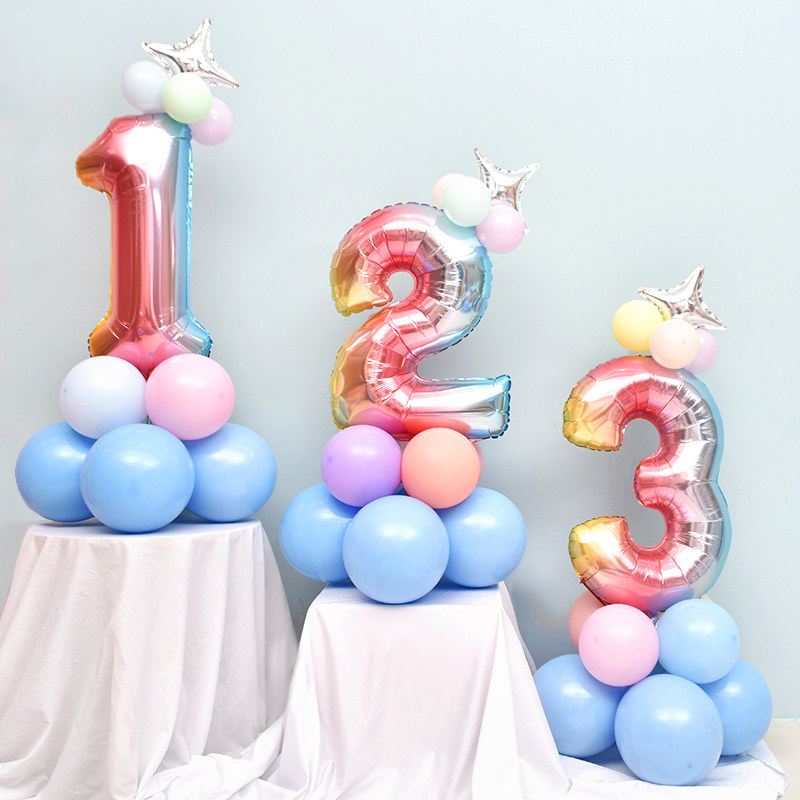 Children's birthday party baby one-year-old macaron gradient color Aurora 0-9 digital age column road guide balloon