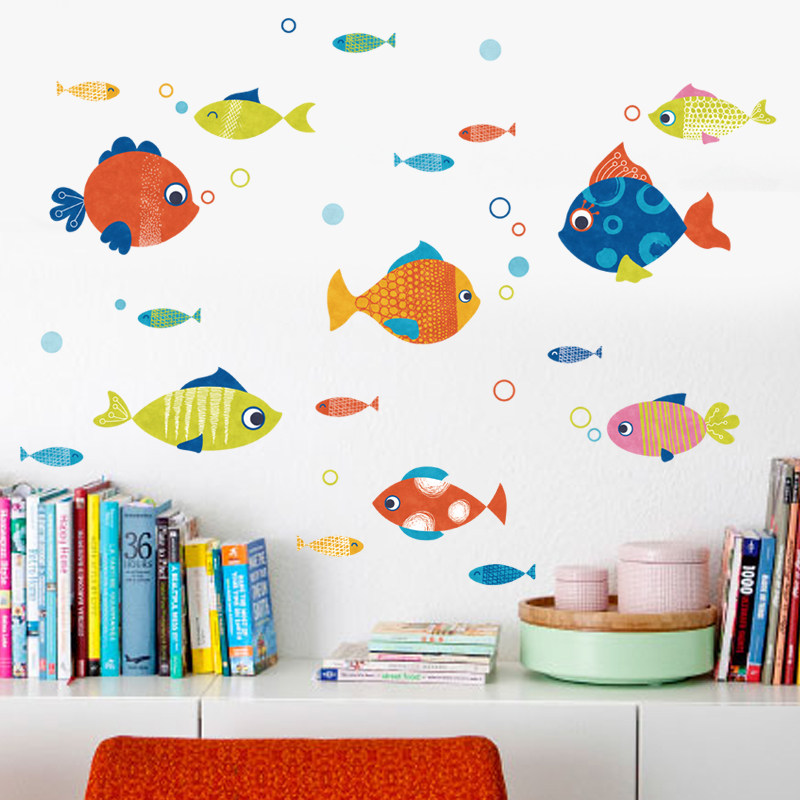 Cartoon Fish Wall Sticker Painting Children Room Bedroom Wallpaper Self-Glued Bathroom Toilet Makeup Room Waterproof Tile Sticker Paper Decoration
