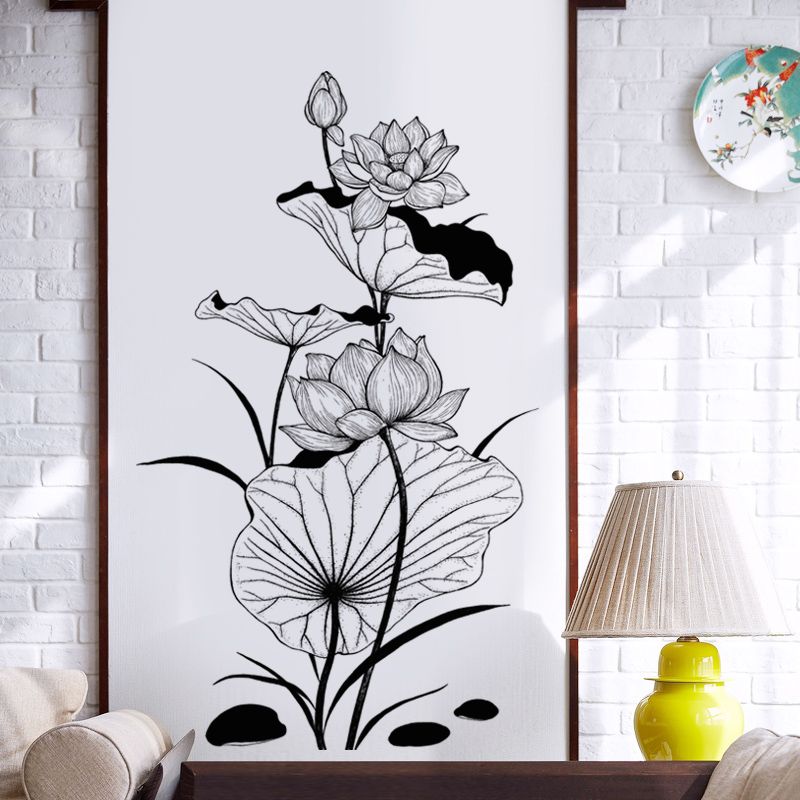 Minimalist Living Room Hand-painted Chinese Ink Lotus Flower Decoration Wall Stickers Romantic Bedroom Bookroom Hallway Sofa Wall Stickler