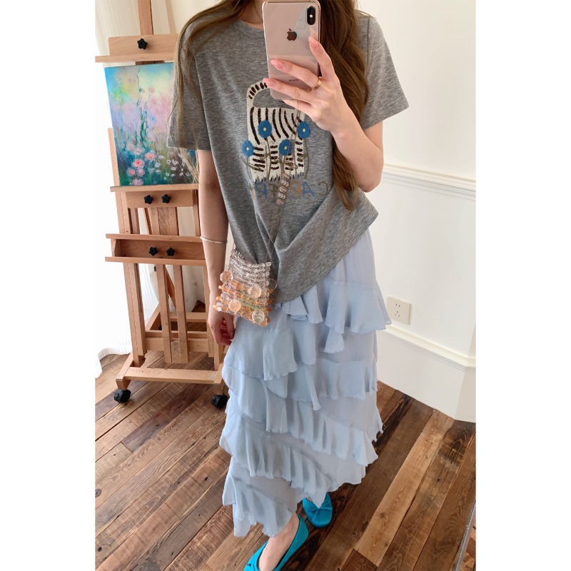 Ingcon Flower and Cat Gray Short-Sleeve T-Shirt for Women Summer Embroidered Print Cake Blue A-Line Skirt Set Ingcon Flower and Cat Gray Short-Sleeve T-Shirt for Women Summer Embroidered Print Cake Blue A-Line Skirt Set