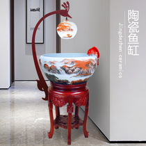Jingdezhen Chinese Ceramic Goldfish Tank Fish Pot Living Room Filter Circulating Water Round Cylinder Phoenix Lamp Holder Ornament