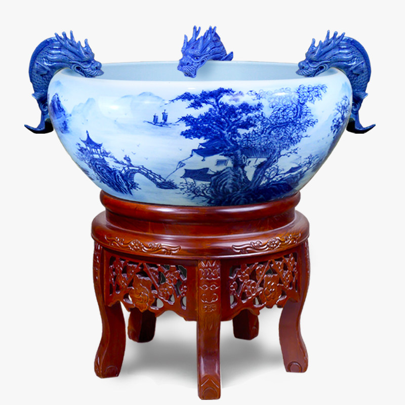 Jingdezhen ceramic fish tank filter hand-painted blue and white porcelain living room town house large tank backyard ornaments Lotus goldfish tank