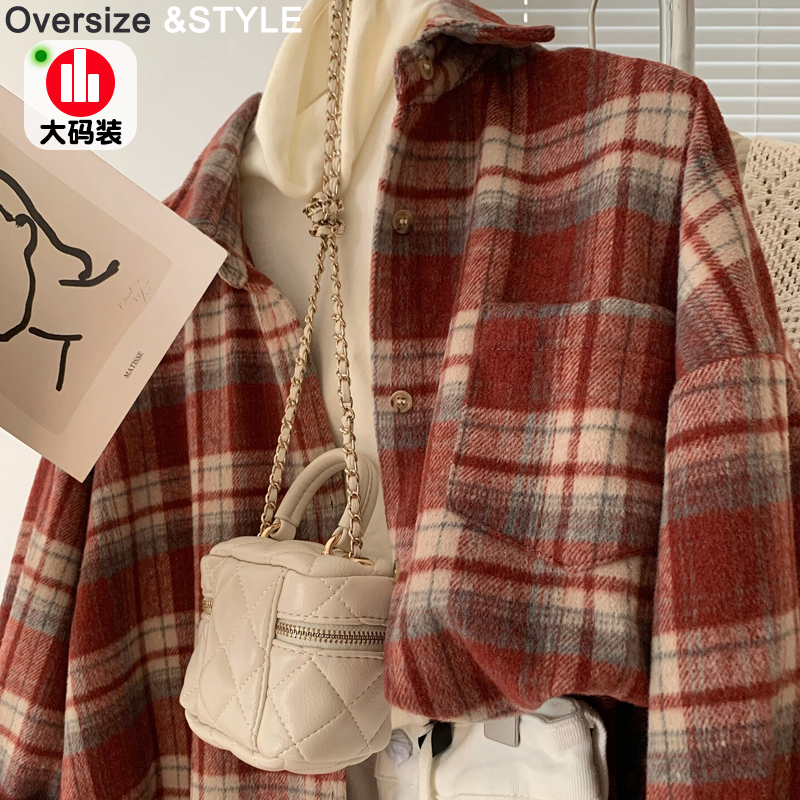 Plus-Size American Retro Red Plaid Flannel Shirt for Women, Autumn and Winter Loose Design Long-Sleeve Top, Thickened Jacket Plus-Size American Retro Red Plaid Flannel Shirt for Women, Autumn and Winter Loose Design Long-Sleeve Top, Thickened Jacket