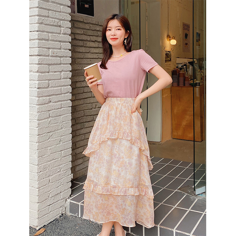 Seven tailored pink floral small skirt women's fresh and thin high waist egg ruffle mid skirt summer 475
