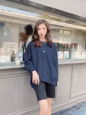 Seven Volume One cut navy blue small man round neck splicing wind sweater spring and autumn casual versatile long sleeve top 504