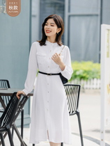 Seven Volume One cut small man autumn and winter dress white long sleeve chiffon wooden ear stand collar shirt style long dress 1034