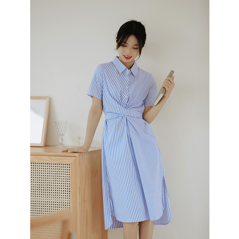 Measure a single blue striped to receive waist artifacts pop shirt dress summer dress wearing 472