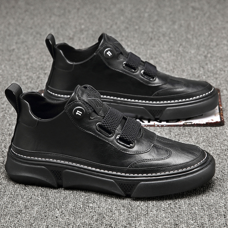 Black leather shoes net red do not lace tide shoes winter increase the height plus velvet warm trend set foot men's shoes all-match vibrato