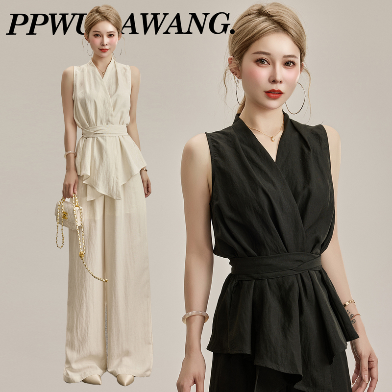 Ppwudawang Minimalist Style High-End Suit for Women Summer Linen Strapless Sleeveless Vest Wide-Leg Pants Two-Piece Set