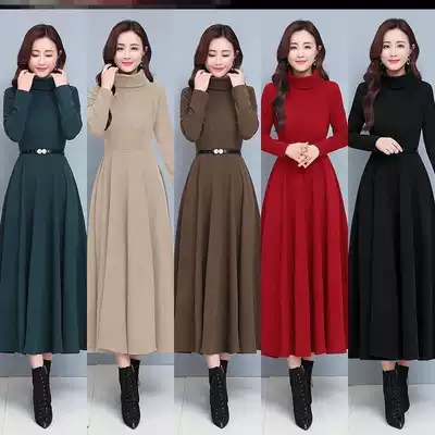 Autumn and winter 2020 new plus velvet thickened solid color turtleneck with bottoming middle-aged mother dress long skirt