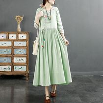 Vegetarian Flagship Retro Embroidered Cotton Linen 50% Sleeves Dress Woman Summer Loose Large Code Temperament Slim Lace Long Dress