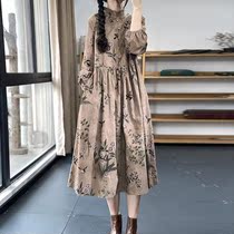Vegan Ordering Womens Dress Original Fall New Retro Art Print Loose Display Slim Splicing Light Core Suede Dress Woman