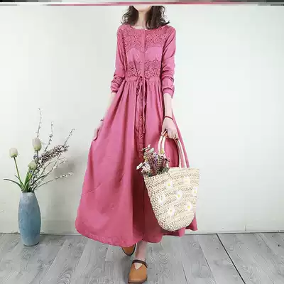 Retro literary and artistic embroidered shirt dress women's 2021 spring lace-up waist loose thin large swing long skirt