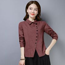 Retro literary houndstooth plain flagship cotton and linen shirt slanted lapel long-sleeved all-match shirt plaid bottoming shirt