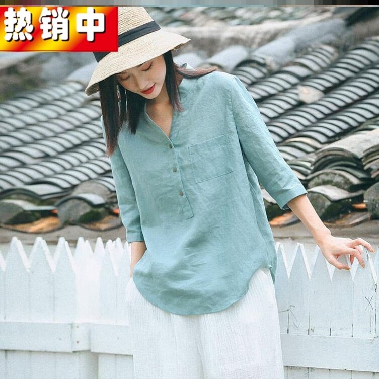 Vegetarian Cotton Linen Dress Original 2020 Summer V Collar Shirt Woman 70% Sleeves Loose 100 Lap Shirt Large Size Coat