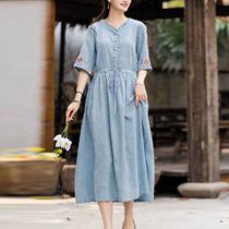 Vegetarian Flagship China Wind Embroidery V Collar Dress Skirt Woman 2022 Summer loose Thin Lace to collect waist long skirt