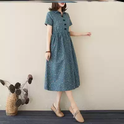 Plain cotton and linen women's original short-sleeved dress waist plate buckle floral long skirt Loose fat mm large size