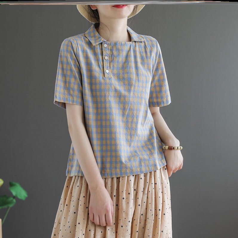 Plain cotton linen women original art retro plaid short sleeve T-shirt 2020 new women loose summer lapel
