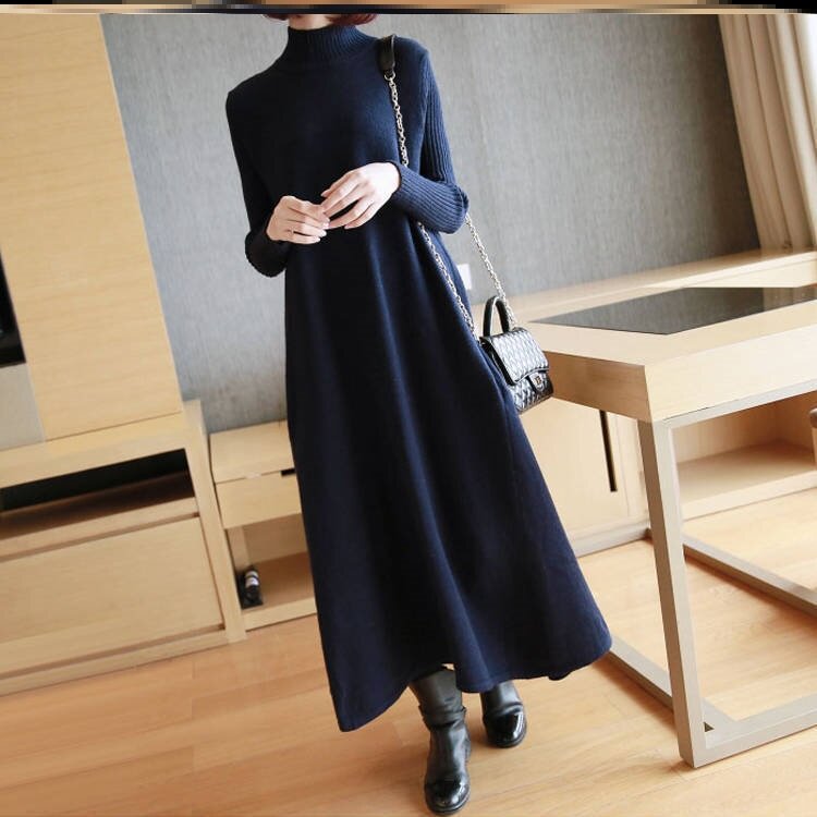 Plain staple women's knit dress women's fall/winter 2020 new loose over-the-knee half-neck sweater with long skirt tide