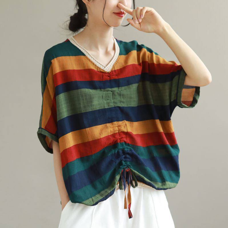 Clear Barn Pick Up Drain for Flagship Brands Women's Wear for Yu Single Cut Linen Shirt Lady Striped T-shirt Cotton Linen Blouse