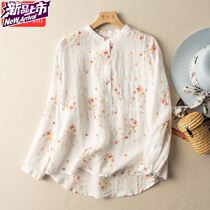 Vegetarian cotton linen dress printed white shirt female art retro small crushed floral blouse with loose thin section 2022 spring and summer
