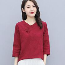 Vegetarian cotton linen dress flagship T-shirt woman 2022 New spring and summer Korean version V collar loose with big code disc button blouses