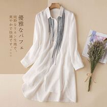 Vegetarian Brand Flagship Store Womens Dress Linen Shirt Woman Long Sleeve Embroidered White Shirt long Cardigan Cotton Linen Blouse