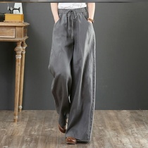 Plain cotton linen womens original wide leg pants womens 2020 Summer new high waist loose size retro straight trousers