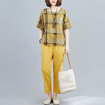 Vegetarian Flagship Store Fashion Foreign Air Reduction Cotton Linen Suit Woman Han Edition Big Code Blouse Kharen Broadlegged Pants Casual Summer