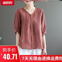 Vintage embroidery V-neck Half sleeve T-shirt female 2020 Summer loose size plain ordered imitation cotton linen original top