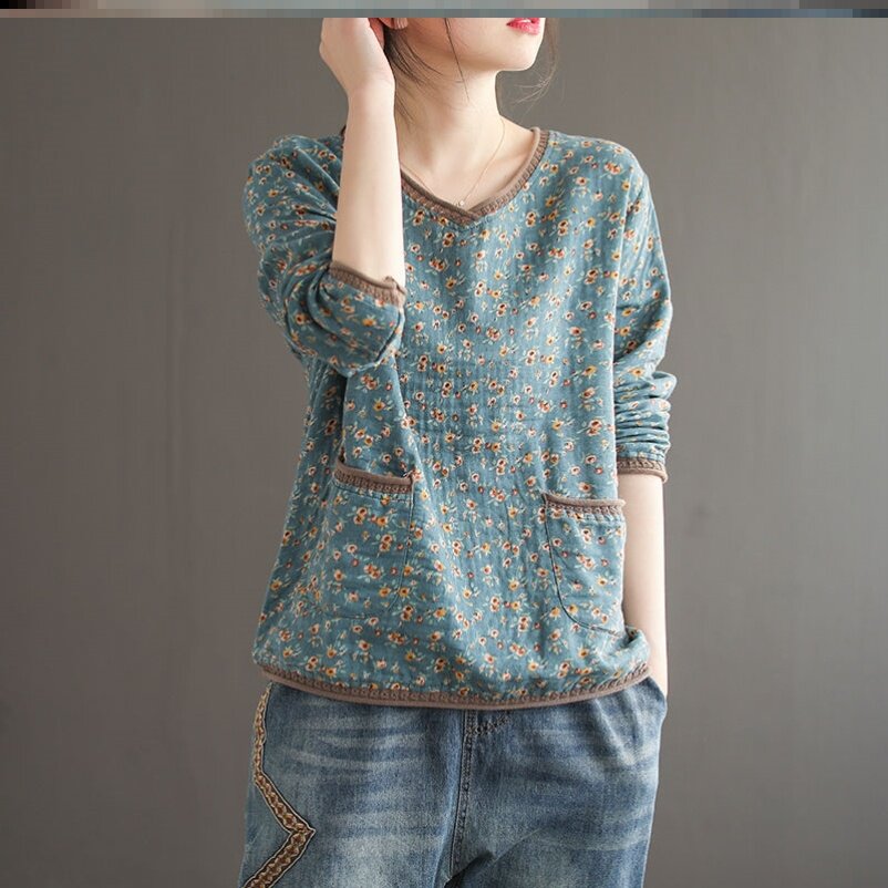Vegetarian cotton numb woman dress new art crushed flowers T-shirt with long sleeves Nets loose 100 lap V collar female blouse