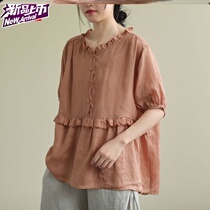 Plain cotton and Hemp womens clothing small shirt Loose Western style summer dress Short sleeve pullover shirt Age-reducing linen top