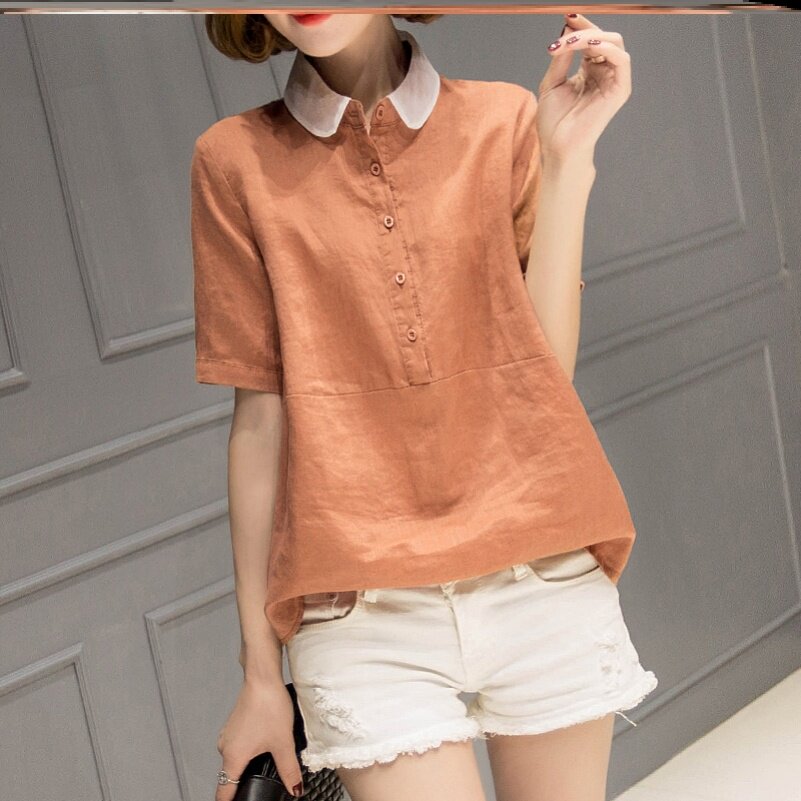 Vegetarian Cotton Linen Dress Original Short Sleeve Shirt Woman Summer 2020 New Korean Version Easy 100 lap shirt minimalist for a large size