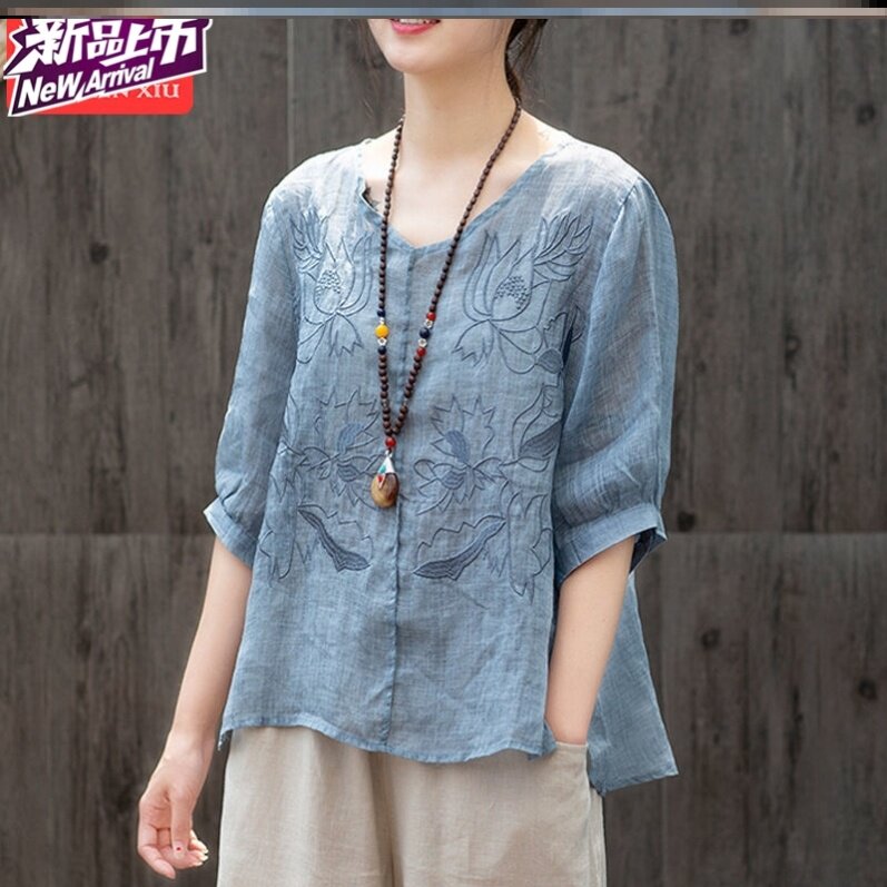 Vegetarian Cotton Linen Dress Pure Cotton Embroidered Art Breathable T-Shirt Woman 2020 New large size V collar Lean Female Summer