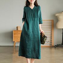 Art Retro Vegetarian Dress Organza Accordion Plexein dress Dress Woman Middle Sleeve V Collar slim Hemp Over Kneecap Cotton Linen Dresses