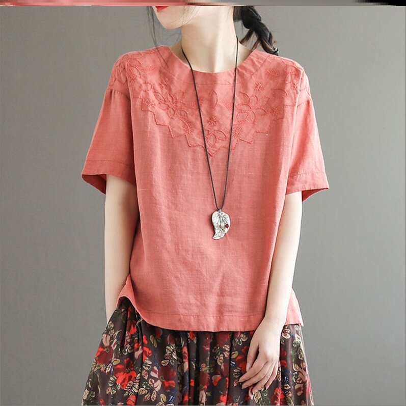 Vegetarian Cotton Linen Dress Original Art Retro Round Collar Short Sleeve Cotton Linen T-shirt National Wind Large Size Embroidered Blouse