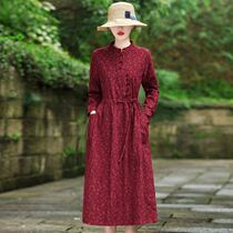 Vegetarian cotton linen dress with repan buckle one-piece dress woman 2021 fall big code conspicuine slim long dress Dont get to the bottom