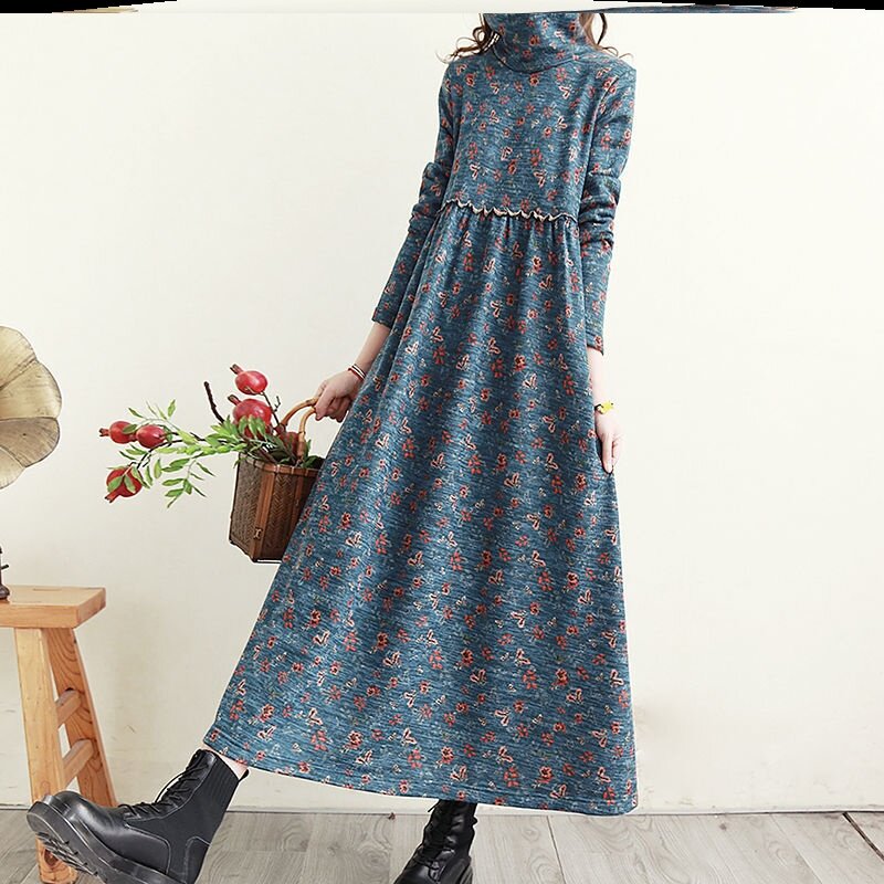 Plain women's velvet thickened vintage style floral dress Lace long version of the waist thin skirt