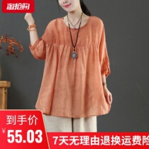 Literary retro plain cotton linen custom summer loose solid color wild shirt shirt pullover top female 2021 New Tide