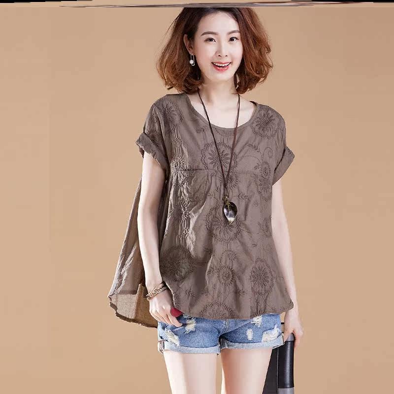 Vegetarian Cotton Hemp Women Dress Original Large Size Code Art Embroidery Short Sleeve T-Shirt Woman Loose Cover Belly 2020 Summer