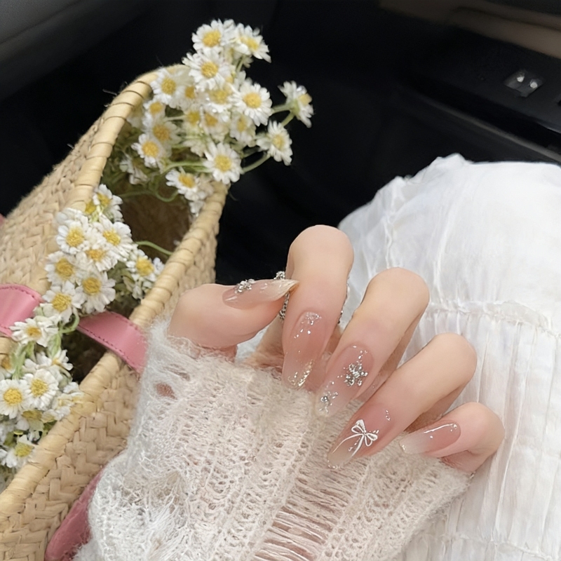 Hand-Painted French Bowknot Press-On Nails, Fairy-Like Pure Desire Nude Color with Sparkling Diamonds, Milky White Gradient Gentle Style Nail Stickers