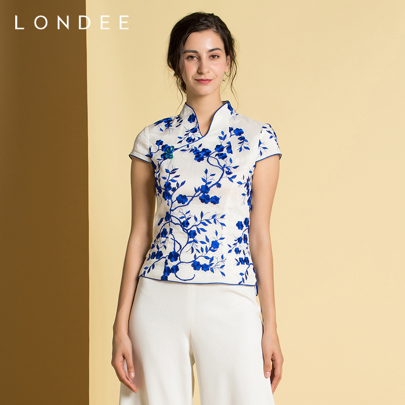 Londee/龙笛 Blue and white comfortable top, cheongsam