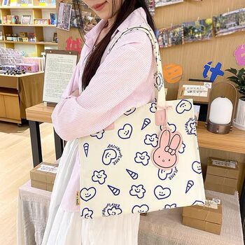 Cute Cartoon Large-Capacity Canvas Bag for Women, Summer Student Class Tote Bag, Versatile Commuting Shoulder Tote Bag