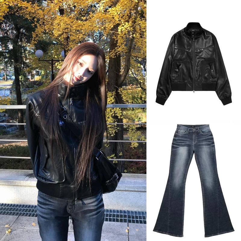 Fang Zhiwen (Jeemin) Same Style Aak*M Autumn and Winter Retro Casual Slim-Fit Stand Collar Leather Jacket and Jeans