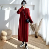 Свитер, демисезонная длинная юбка, ретро трикотажное трикотажное платье, увеличенная толщина, большой размер, французский ретро стиль, V-образный вырез