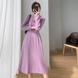 Трикотажное платье, приталенный корсет, длинное шерстяное платье, длинная юбка, V-образный вырез, городской стиль, длина миди