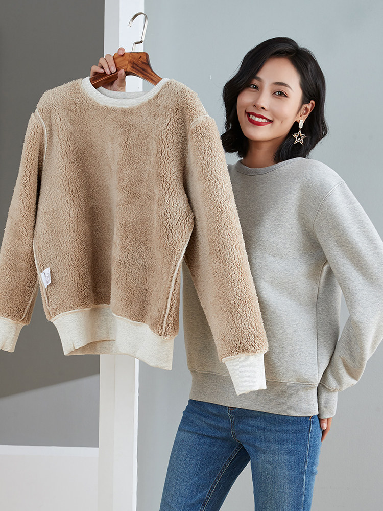 Round neck thick cotton T women's plus velvet winter imitation lamb velvet capless loose top cotton gray thickened pullover jacket