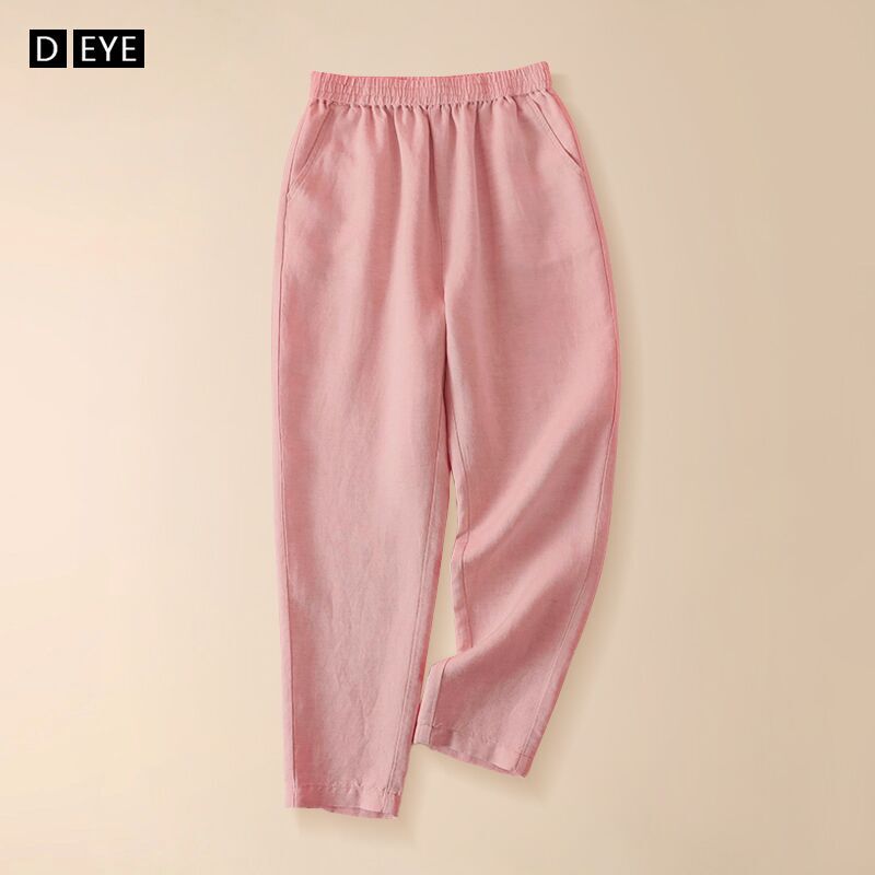 Pink Linen Capri Pants for Women, Summer Thin Style 2026 New Elastic Waist Summer Cotton-Linen Harem Eight-Point Pants