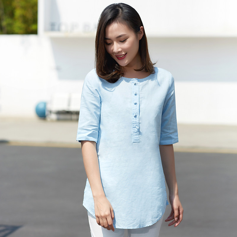 Special price clear cabin cotton linen shirt female summer art retro blouse pure colour set linen in long version loose shirt